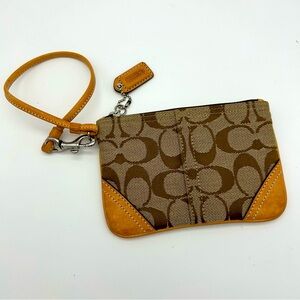 COACH Vintage Y2K Signature Logo Canvas Wristlet Brown Leather Trim
